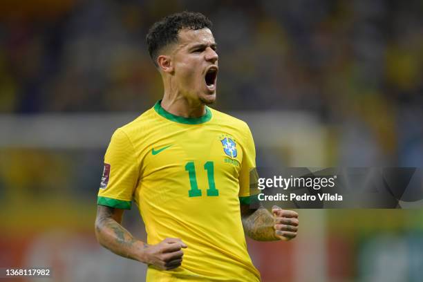 Coutinho of Brazil celebrates after scoring the second goal of his team during a match between Brazil and Paraguay as part of FIFA World Cup Qatar...