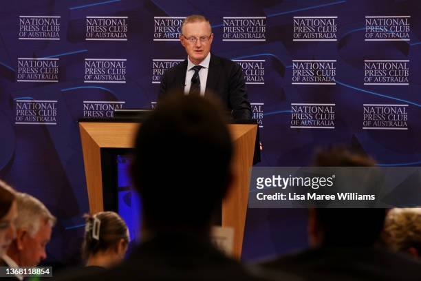 Philip Lowe, Governor of the Reserve Bank of Australia, addresses the National Press Club at The Fullerton Hotel on February 02, 2022 in Sydney,...