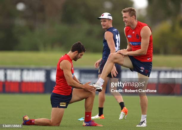 Christian Petracca and Tom McDonald of the Demons celebrate a goal during a Melbourne Demons AFL training session at Casey Fields on February 02,...