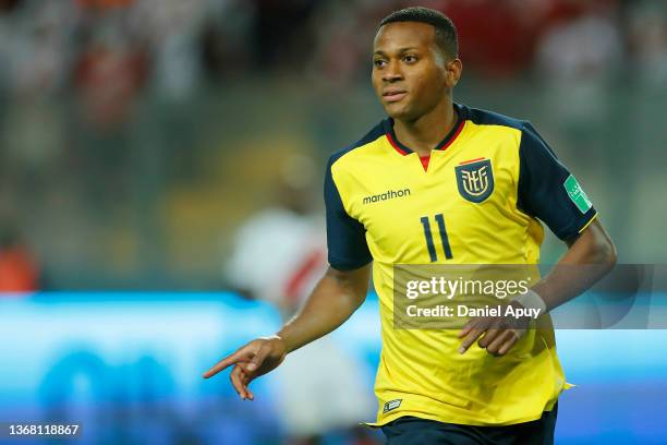 Michael Estrada of Ecuador celebrates after scoring the first goal of his team during a match between Peru and Ecuador as part of FIFA World Cup...