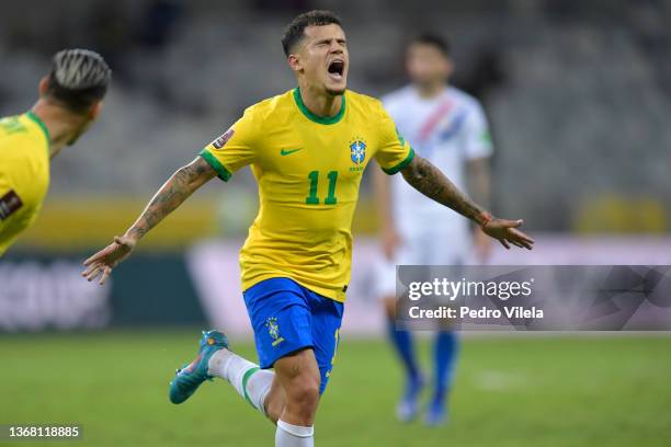 Coutinho of Brazil celebrates after scoring the second goal of his team during a match between Brazil and Paraguay as part of FIFA World Cup Qatar...