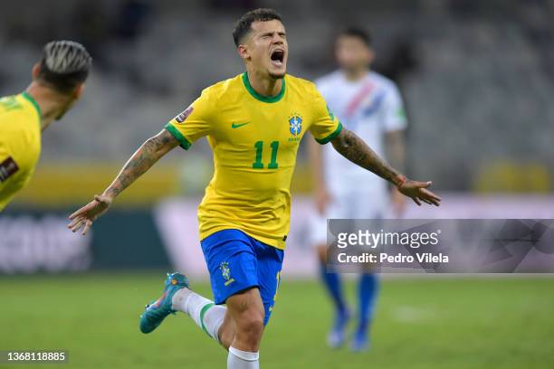 Coutinho of Brazil celebrates after scoring the second goal of his team during a match between Brazil and Paraguay as part of FIFA World Cup Qatar...