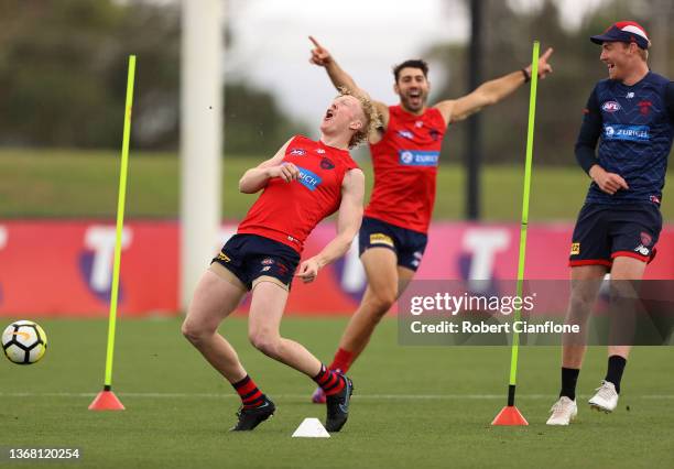 Clayton Oliver of the Demons celebrates after scoring a goal during a Melbourne Demons AFL training session at Casey Fields on February 02, 2022 in...