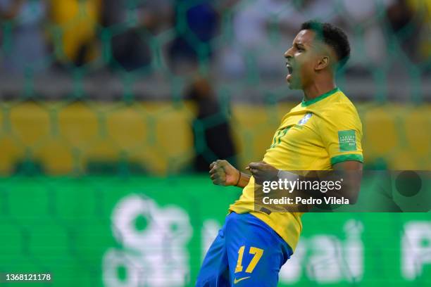 Rodrygo of Brazil celebrates after scoring the fourth goal of his team during a match between Brazil and Paraguay as part of FIFA World Cup Qatar...