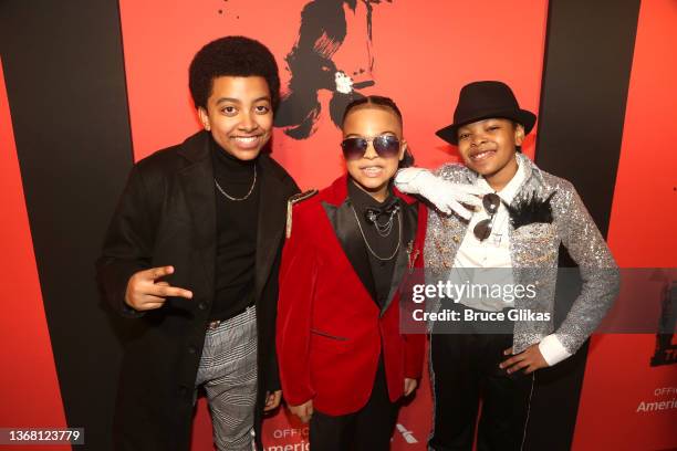 Devin Trey Campbell, Christian Wilson, and Walter Russell III pose at the opening night of "MJ" The Michael Jackson Musical at Neil Simon Theatre on...