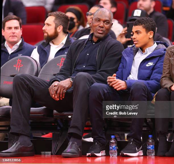 Hakeem Olajuwon sits court-side at Toyota Center on January 31, 2022 in Houston, Texas. NOTE TO USER: User expressly acknowledges and agrees that, by...