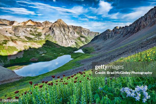 colorado upper blue lakes with wildflowers - san juan mountains stock-fotos und bilder