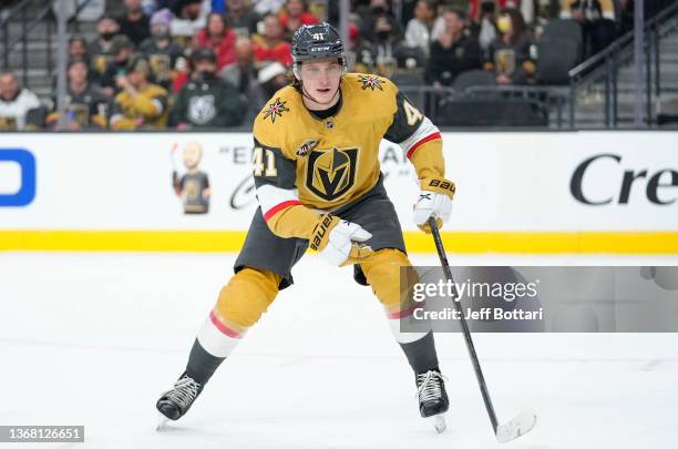Nolan Patrick of the Vegas Golden Knights skates during the first period of a game against the Buffalo Sabres at T-Mobile Arena on February 01, 2022...