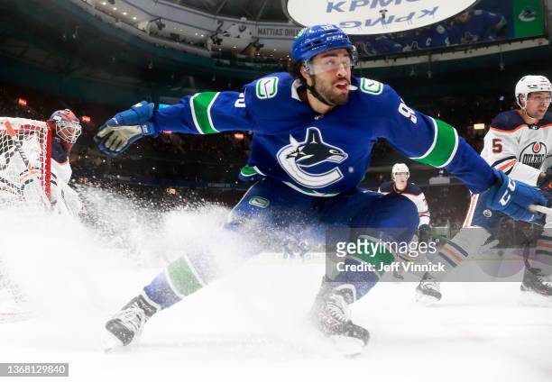 Justin Bailey of the Vancouver Canucks skates up ice during their NHL game against the Edmonton Oilers at Rogers Arena January 25, 2022 in Vancouver,...