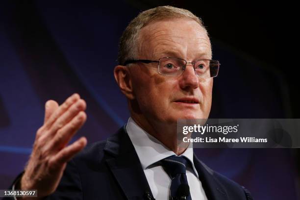 Philip Lowe, Governor of the Reserve Bank of Australia, addresses the National Press Club at The Fullerton Hotel on February 02, 2022 in Sydney,...