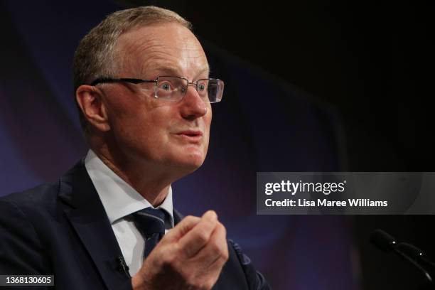 Philip Lowe, Governor of the Reserve Bank of Australia, addresses the National Press Club at The Fullerton Hotel on February 02, 2022 in Sydney,...