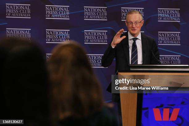 Philip Lowe, Governor of the Reserve Bank of Australia, addresses the National Press Club at The Fullerton Hotel on February 02, 2022 in Sydney,...