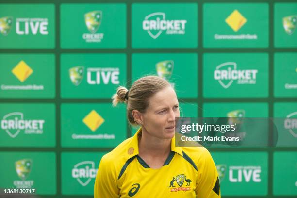 Captain of the Australian women's cricket team Meg Lanning speaks during a media opportunity ahead of the ODI leg of the 2022 Women's Ashes Series,...