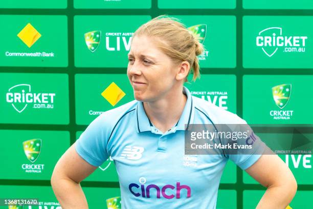 Captain of the England women's cricket team Heather Knight speaks during a media opportunity ahead of the ODI leg of the 2022 Women's Ashes Series,...