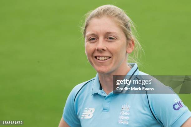 Captain of the England women's cricket team Heather Knight speaks during a media opportunity ahead of the ODI leg of the 2022 Women's Ashes Series,...