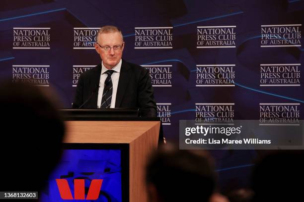 Philip Lowe, Governor of the Reserve Bank of Australia, addresses the National Press Club at The Fullerton Hotel on February 02, 2022 in Sydney,...