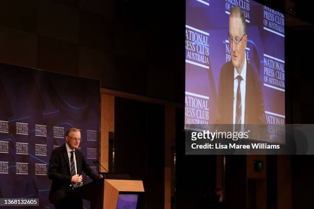 Philip Lowe, Governor of the Reserve Bank of Australia, addresses the National Press Club at The Fullerton Hotel on February 02, 2022 in Sydney,...