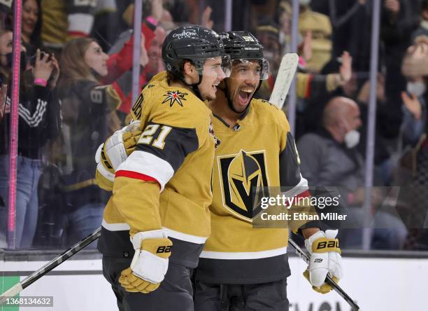Brett Howden and Keegan Kolesar of the Vegas Golden Knights celebrate after Howden assisted Kolesar on a second-period short-handed goal against the...