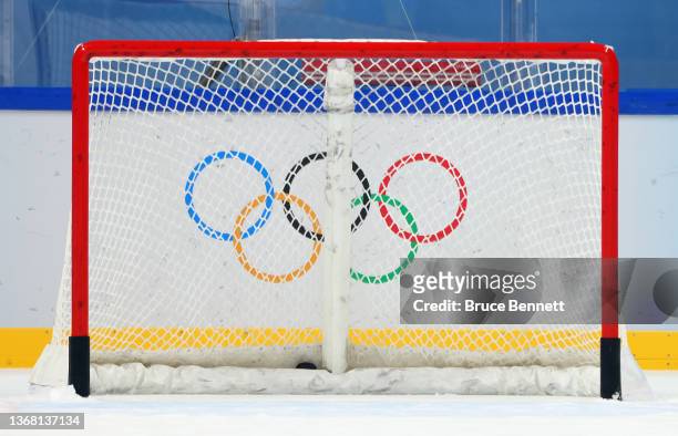 General view of the hockey net prior to a practice session at the Wukesong Sports Centre on February 02, 2022 in Beijing, China.
