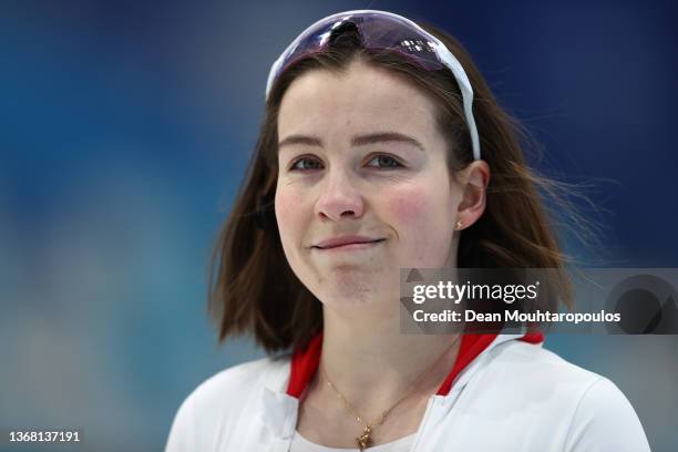 Kaja Ziomek of Team Poland looks on during a speed skating practice session ahead of the Beijing 2022 Winter Olympic Games at National Speed Skating...