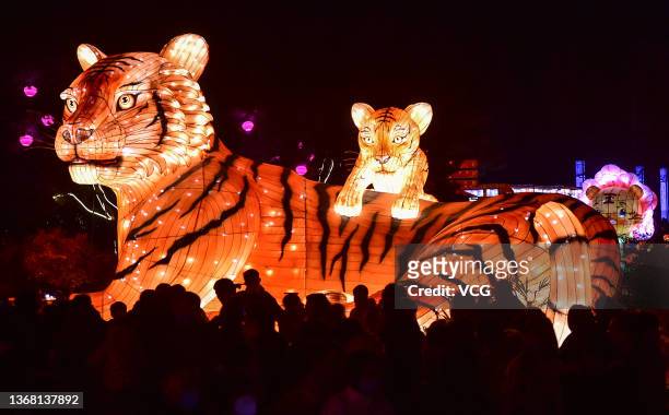 People visit a Spring Festival lantern fair at Wangcheng Park to celebrate the Chinese New Year, the Year of the Tiger, on February 1, 2022 in...