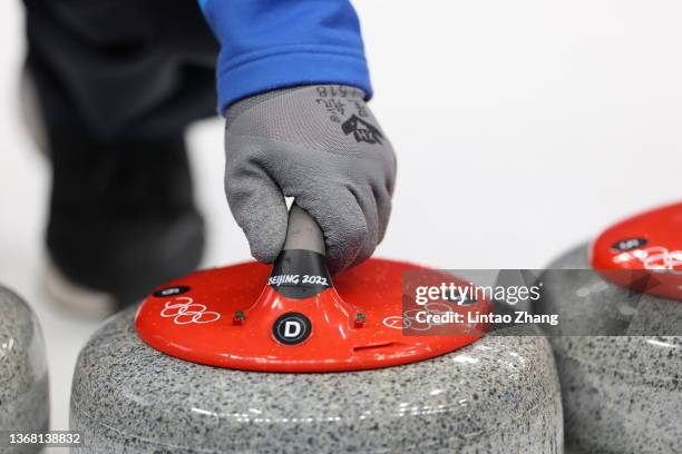 Detail of a curling stone during a curling practice session ahead of the Beijing 2022 Winter Olympics at the National Aquatics Centre on February 02,...