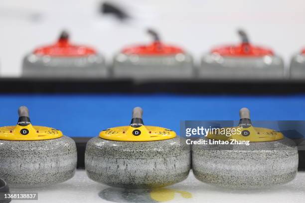 Detail of a curling stone during a curling practice session ahead of the Beijing 2022 Winter Olympics at the National Aquatics Centre on February 02,...