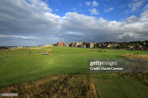 General view from behind the green on the par 4, first hole on The Old Course at St Andrews on August 14, 2021 in St Andrews, Scotland.