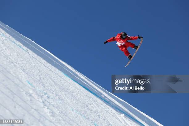 Laurie Blouin of Team Canada performs a trick during the Men's Slopestyle training ahead of the Beijing 2022 Winter Olympic Games at the Genting Snow...