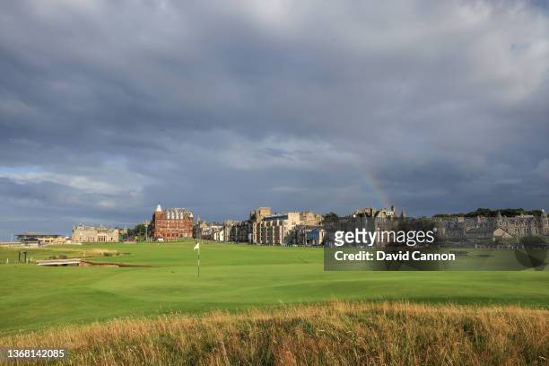 General view from behind the green on the par 4, first hole on The Old Course at St Andrews on August 14, 2021 in St Andrews, Scotland.