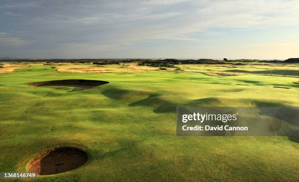 General view of the second shot to the green on the par 4, third hole on The Old Course at St Andrews on August 14, 2021 in St Andrews, Scotland.