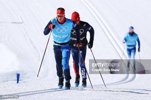 Competitors of Team Great Britain train during the Cross-Country Skiing Training session ahead of the Beijing 2022 Winter Olympic Games at The...