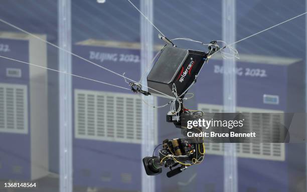 Spidercam hovers over a practice session with the USA Women's Olympic Hockey Team at the Wukesong Sports Centre on February 02, 2022 in Beijing,...
