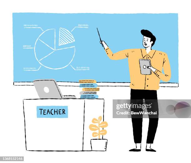 男性教師は、彼のクラスで教えるためのコンピュータとタブレットを使用しています - ワークショップ ホワイトボード点のイラスト素材／クリップアート素材／マンガ素材／アイコン素材