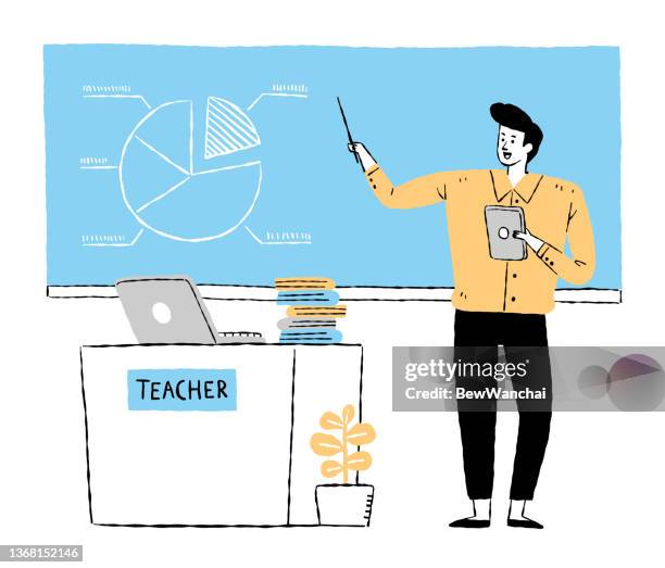 male teacher is using computer and tablet for teaching in his class - teacher pointing stock illustrations
