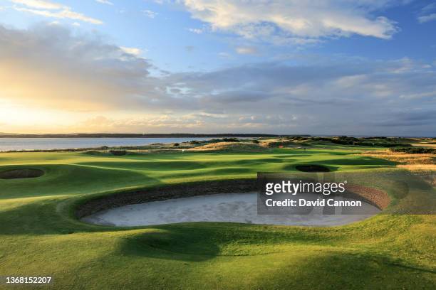 General view of the approach to the green on the par 4, seventh hole on The Old Course at St Andrews on August 14, 2021 in St Andrews, Scotland.