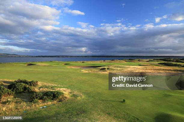 General view from the tee on the par 3, 11th hole with the green on the par 4, seventh hole to the right on The Old Course at St Andrews on August...