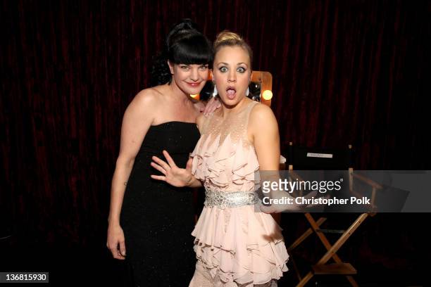 Actress Pauley Perrette and actress/host Actress Kaley Cuoco pose backstage during the 2012 People's Choice Awards at Nokia Theatre L.A. Live on...