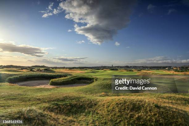 General view of the approach to the green on the par 5, 14th hole with 'Hell Bunker' in the foreground on The Old Course at St Andrews on August 14,...