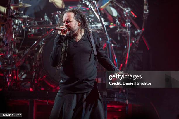 Musician Jonathan Davis of Korn performs on stage at Viejas Arena at San Diego State University on February 01, 2022 in San Diego, California.