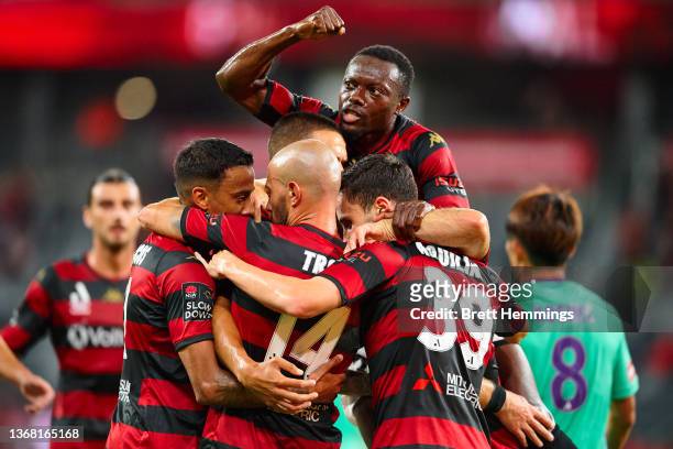 Jack Rodwell of the Wanderers celebrates scoring a goal with team mates during the round nine A-League Men's match between the Western Sydney...