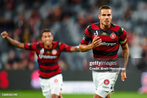 Jack Rodwell of the Wanderers celebrates scoring a goal with team mates during the round nine A-League Men's match between the Western Sydney...