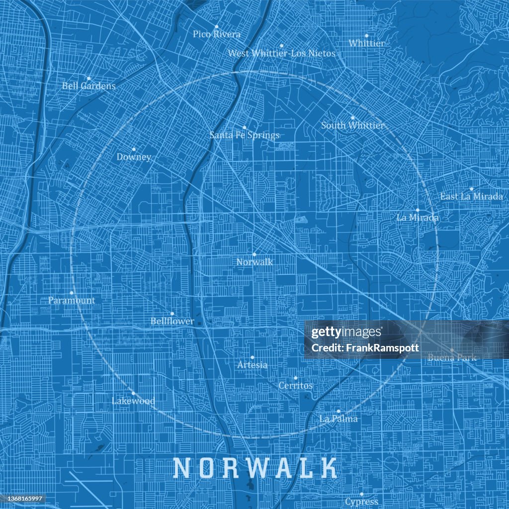 Norwalk CA City Vector Road Map Blue Text