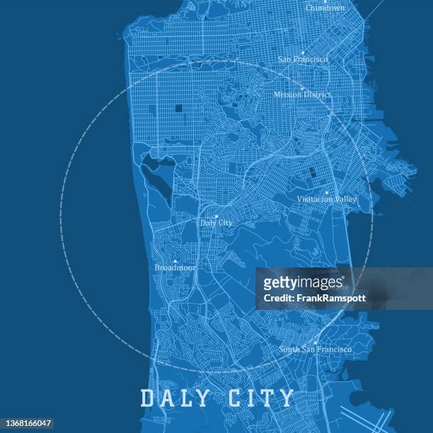 stockillustraties, clipart, cartoons en iconen met daly city ca city vector road map blue text - san mateo county
