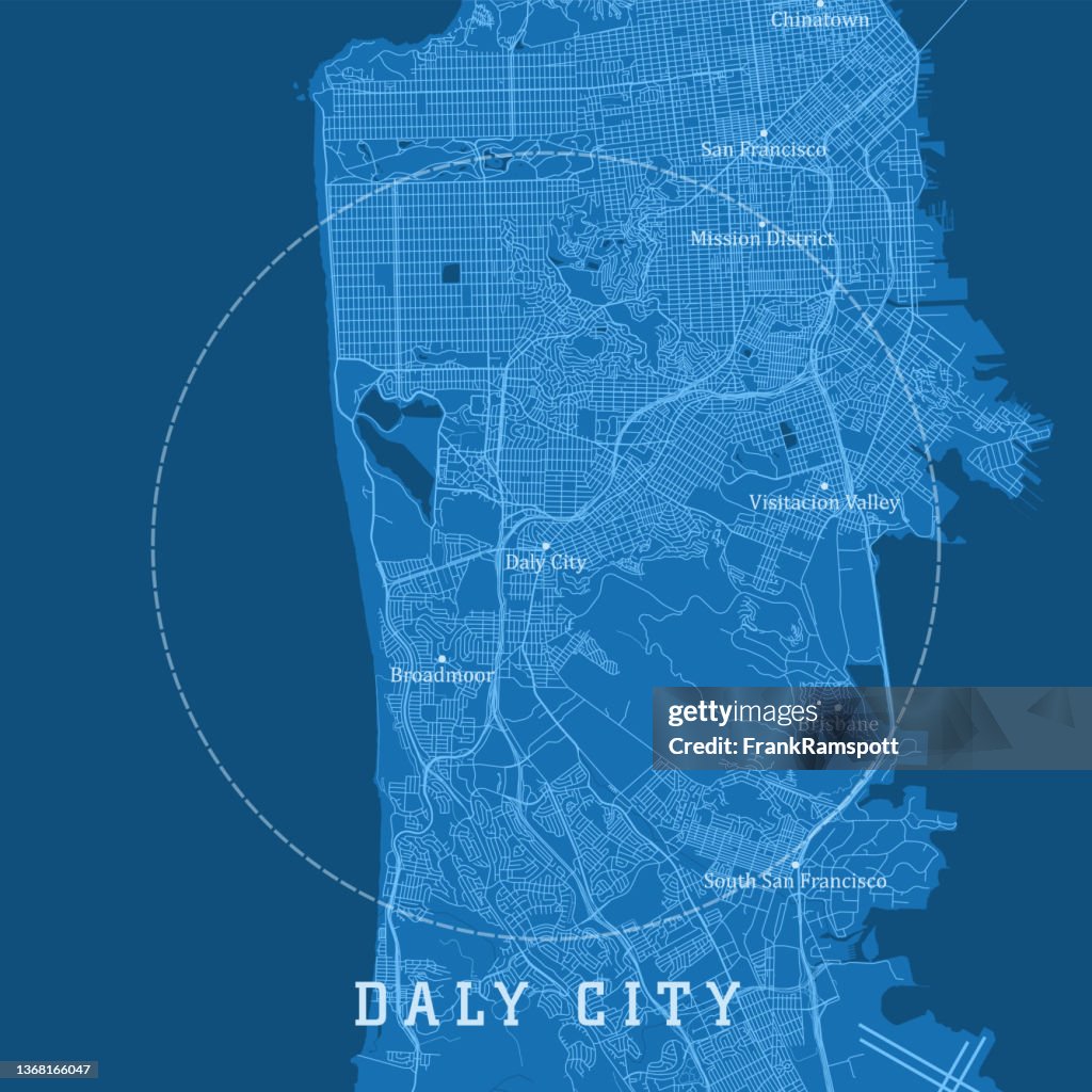 Daly City CA City Vector Road Map Blue Text
