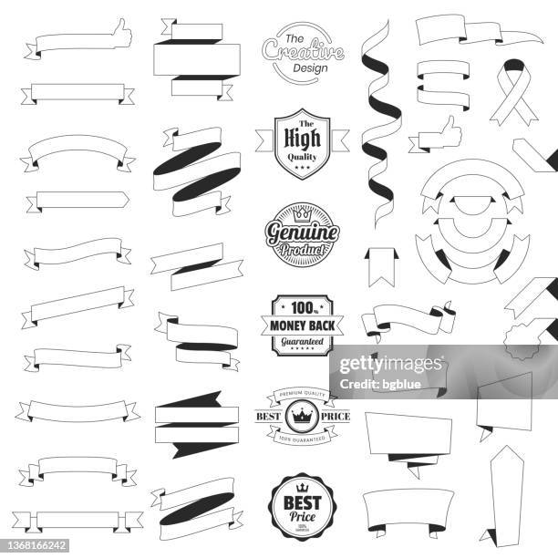 satz von bändern, banner, abzeichen, etiketten (umriss, linienkunst) - design-elemente auf weißem hintergrund - geschenkband stock-grafiken, -clipart, -cartoons und -symbole