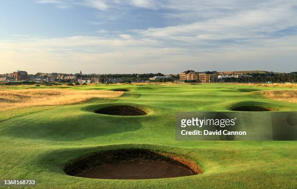 General view of the approach to the green on the par 4, 15th hole on The Old Course at St Andrews on August 14, 2021 in St Andrews, Scotland.
