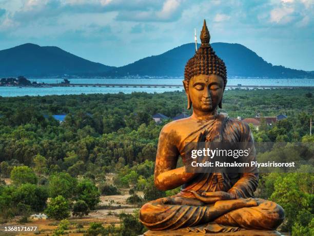 aerial drone sunset scenery of bhudda statue at phutthamonthon district, songkhla province of thailand - boeddha stockfoto's en -beelden