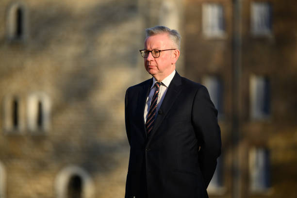 Minister for Levelling Up Michael Gove is interviewed for a news broadcast near the Houses of Parliament on February 02, 2022 in London, England. The...