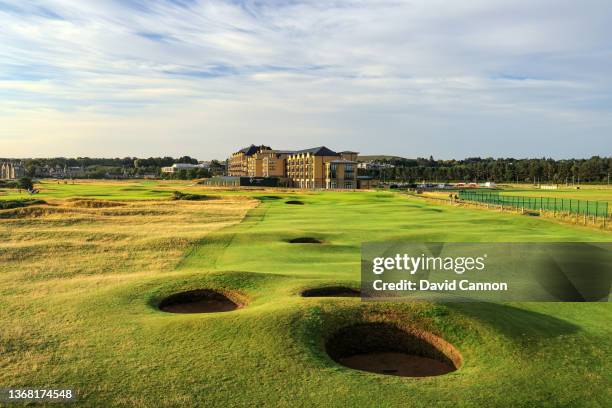 General view of teh second sho on the par 4, 16th hole on The Old Course at St Andrews on August 14, 2021 in St Andrews, Scotland.